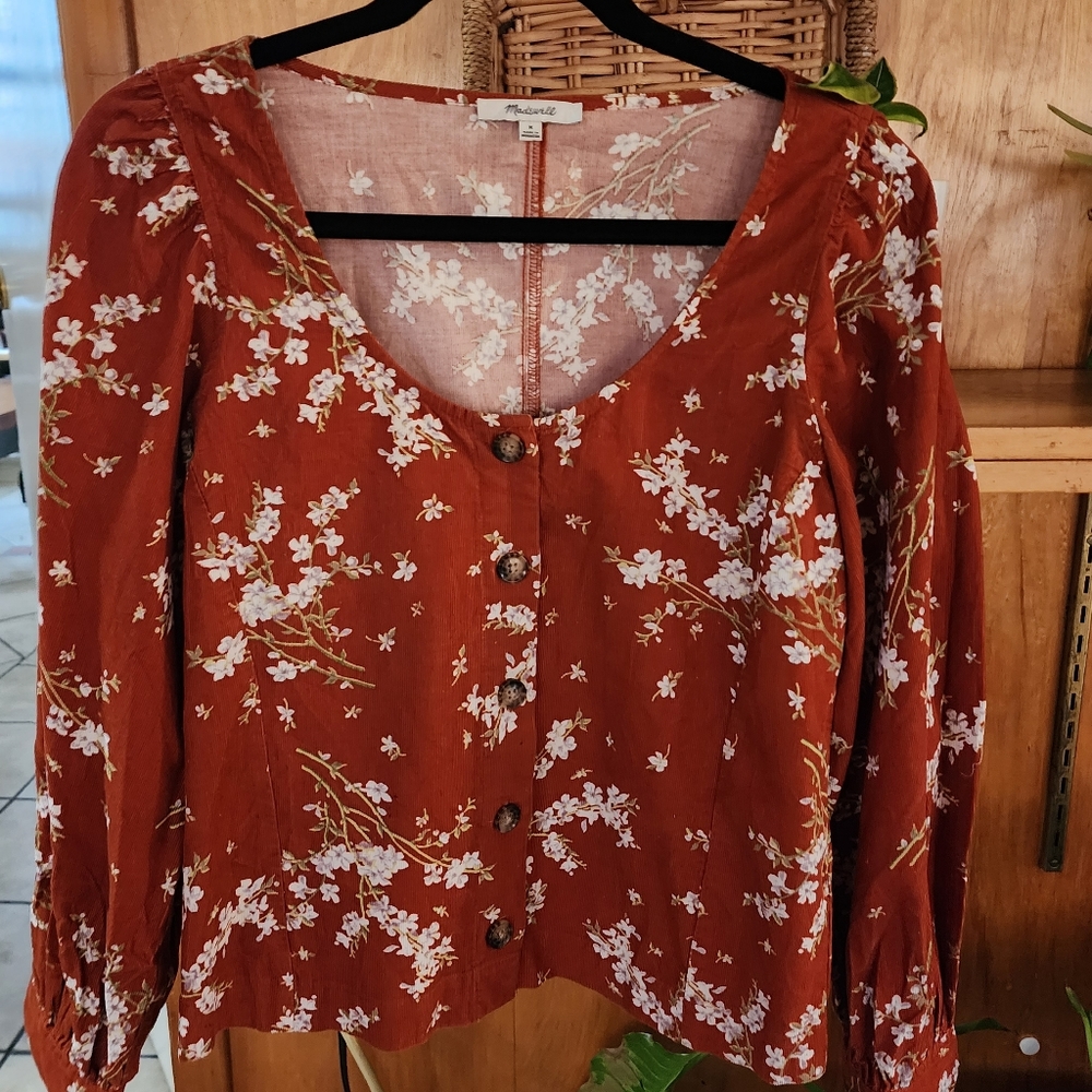 Madewell Corduroy Shirred Sleeve Button Up Top Rust Orange Floral, Med